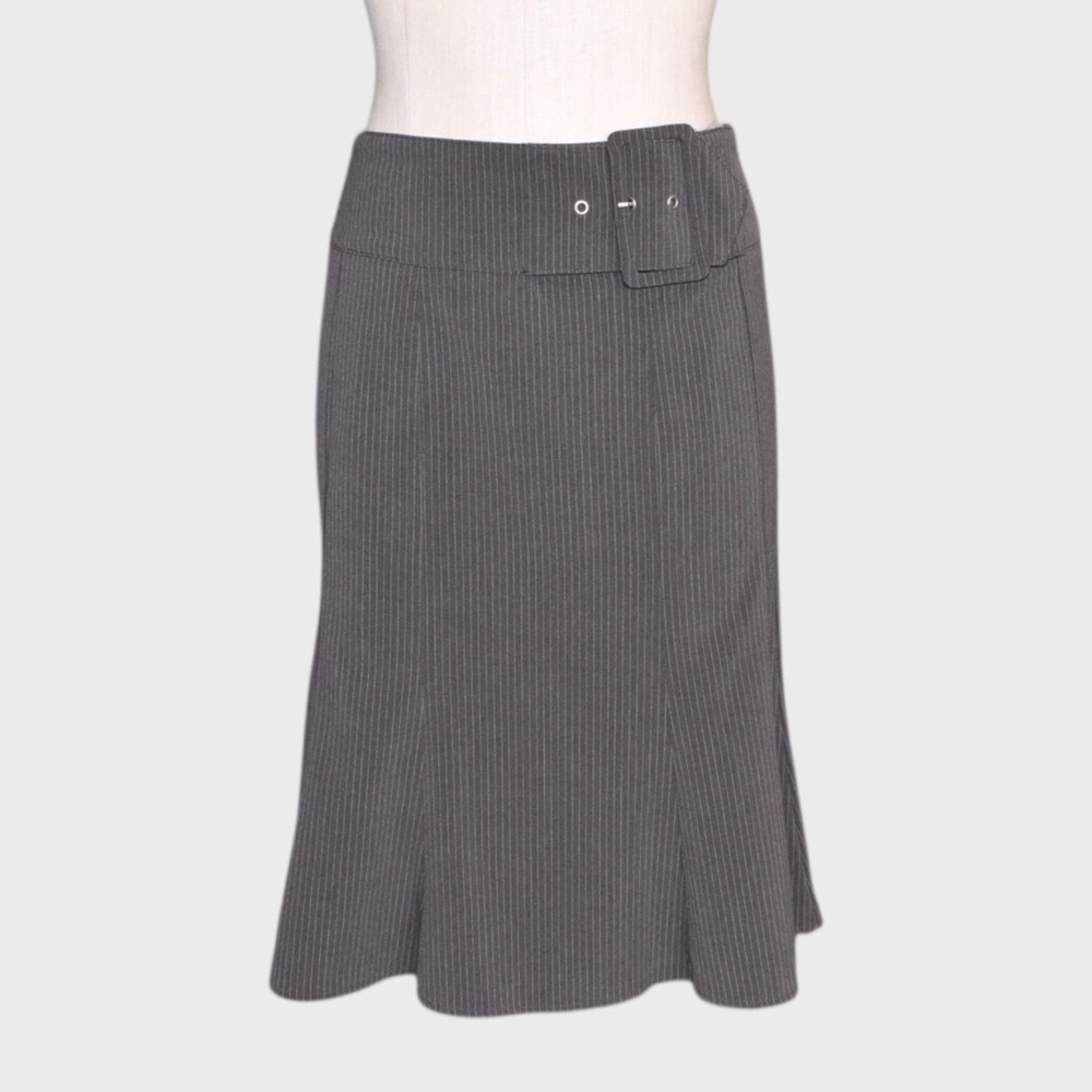 Copper Key Gray Pinstripe Belted Trumpet Skirt